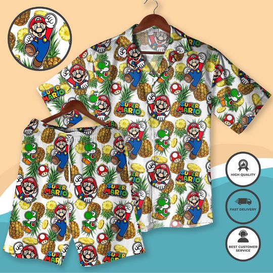 Super Mario Hawaiian Shirt and Shorts Mario & Yoshi Aloha Outfit  Gamer Summer Beachwear