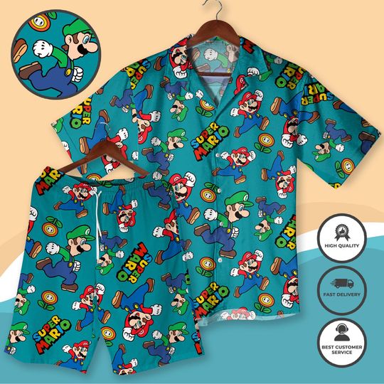 Super Mario & Luigi Hawaiian Shirt Set  Retro Gamer Summer Outfit, Sunshine Hawaiian Shirt