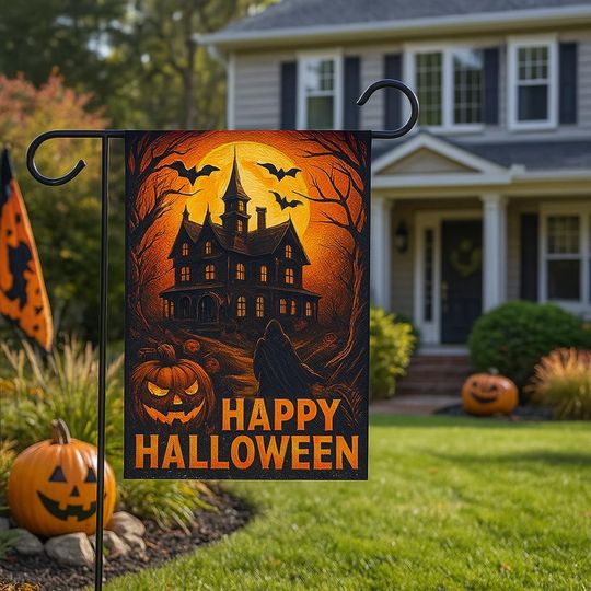 Spooky Haunted House Garden Flag - Halloween Decor with Pumpkin & Bats