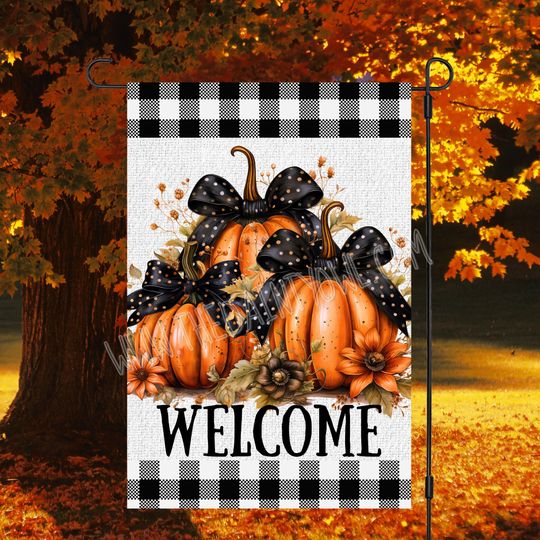 Pumpkins with Black Polka Dot Bows and Black Plaid , 13x19 Garden Flag Sublimation Design, Fall Coquette Pumpkins