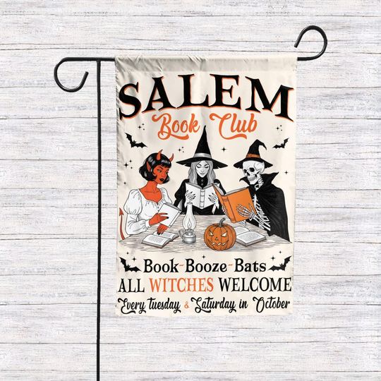 Salem Book Club Halloween Garden Flag, Spooky Reading Witch Vampire Skeleton Yard Flag, Bookish Halloween Flag, Book Lover Halloween Gift