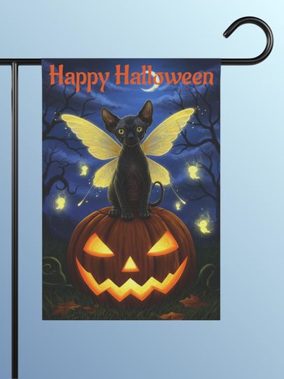 Sphynx Black Kitten Faerie on a Pumpkin ~ Personalized House Flag ~ Cottagcore Garden ~ Halloween Yard Sign
