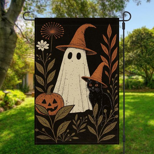 Vintage Ghost Garden Flag, Ghost, Black Cat & Pumpkin Fall Outdoor Decoration for Autumn Yard Decor, Autumn Fall Season, Ghost Lawn Sign