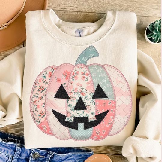 Preppy Floral Pink Pumpkin Sweatshirt, Pastel Halloween Graphic, Ditsy Floral Fall Print, Girly Autumn Design