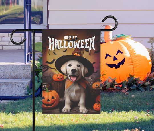 Yellow Lab Halloween Garden Flag Witch Hat Dog Banner Halloween Yard Decoration Garden & House Flag Outdoor Yellow Labrador Halloween Decor