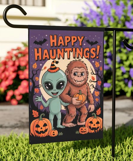 Halloween Garden Flag, Bigfoot Alien Yard Flag, Yard Art, Cute Cryptid Holiday Flag, Happy Hauntings Flag, Housewarming Gift, AI Image