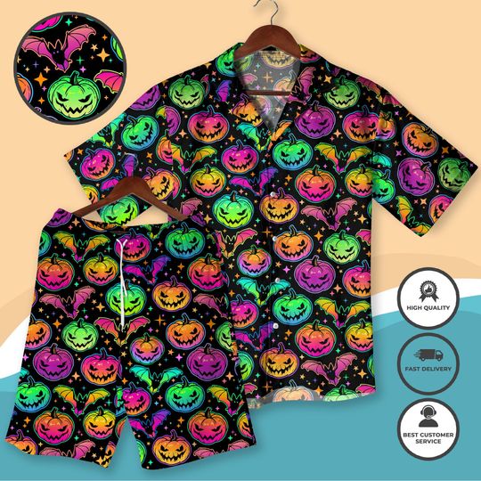 Neon Pumpkin and Bat Halloween Hawaiian Shirt Colorful Pumpkin & Bat Aloha Outfit