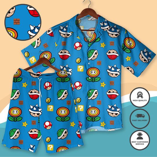 Blue Gamer Hawaiian Shirt Super Mushroom Shirt Fire Flower Shirt Koopa Shells Shirt