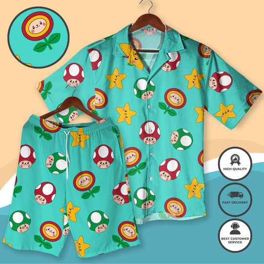 Cute Mushroom Star Hawaiian Shirt, Retro Gamer Matching Outfit Summer Beach