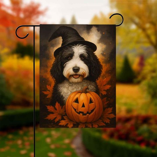 Halloween Dog Garden Flag, Bernedoodle Fall Yard Decor, retro Dog Witch Ghost Flag, Trick or Treat Outdoor art, halloween Flag, Holiday Gift