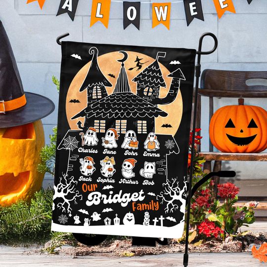 Personalized Halloween Family Garden Flag - Custom Ghost with Kids names Yard Flag For Outdoor Decor