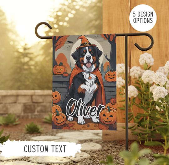 Personalized Name Bernese Mountain Dog Halloween Garden Flag,Custom Fall Berner Flags,Outdoor Decor,Pet Owner Gift,Mom Gifts,Dad Present