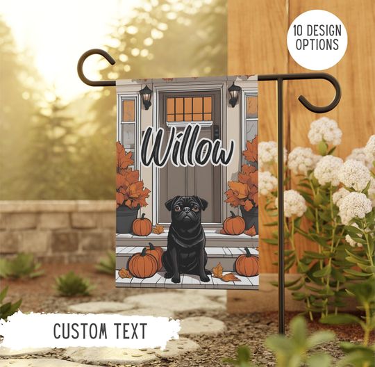 Personalized Name Pug Halloween Garden Flag,Custom Fall Dog Flags,Autumn Outdoor Decor,Pet Owner Gift,Puppy Mom Gifts,Dad Present,Cute Pugs