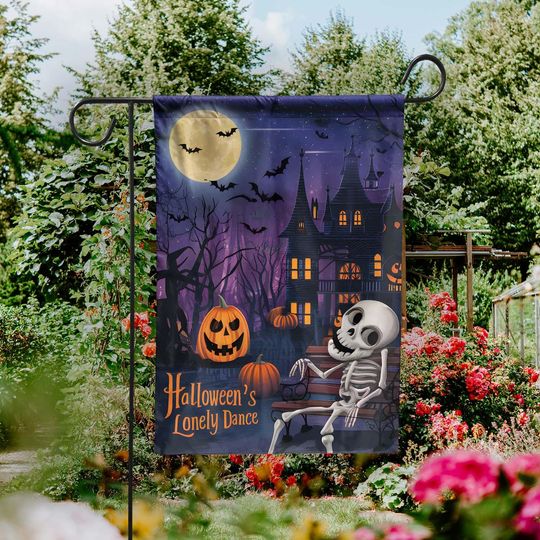 Lonely Skeleton Halloween Garden Flag - Spooky Bench Scene Fall Decor