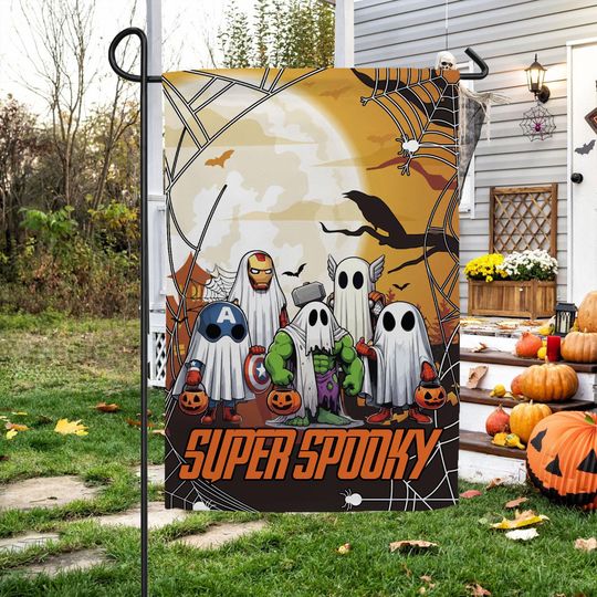 Funny Avengers Halloween Garden Flag - Cute Ghost & Spiderman Decor
