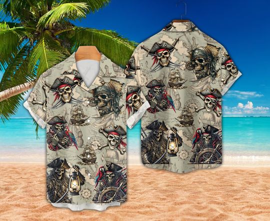 Pirate Skull Hawaiian Shirts For Men Women, Vintage Pirate Treasure Map Button Down Shirt