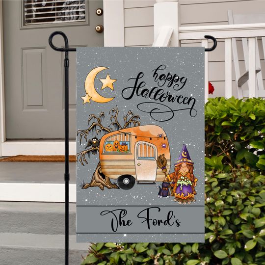 Custom Halloween Theme Garden Flag, Personalized Camper Gift, Flag for Camping Lovers, Unique Camp Gift, Personalized Camper Gift, Retro