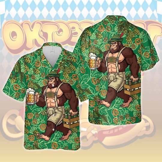 Sasquatch Oktoberfest Hawaiian Shirt, Bigfoot Beer Pretzel Tropical Green Button Up Shirt