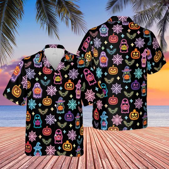 Neon Ghost Pumpkin Halloween Hawaiian Shirt, Neon Halloween Button Down Shirt
