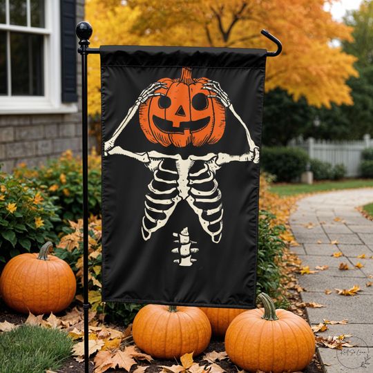 Personalized Halloween Garden Flag, Skeleton Pumpkin Jack O Lantern Yard Sign, Spooky Outdoor Decoration, Personalized Fall Porch Decor