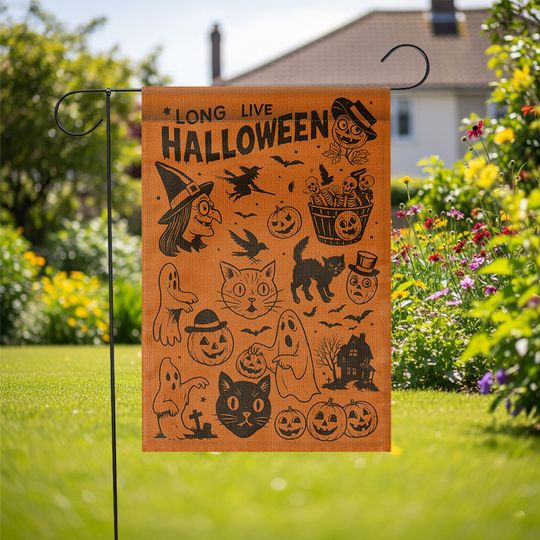 Vintage Halloween Garden Flag, Retro Witch Ghost Cat Pumpkin Decor, Outdoor Fall Yard Decoration, Spooky Season Porch Sign