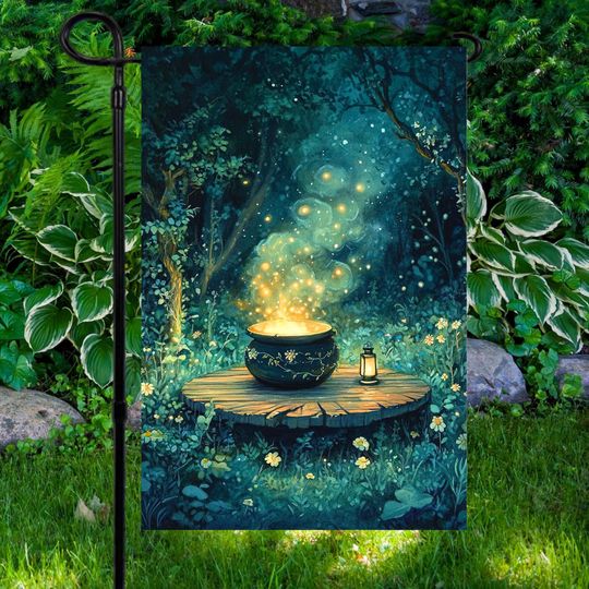 Night Forest Magic Cauldron Garden Flag Moon Flower Magical Witches Brew House Banner Outdoor Magical Decor Floral Cauldron Witchy Vibe Flag