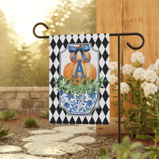 Preppy Monogram Chinoiserie Pumpkin Garden Flag, Personalized Ginger Jar Yard Banner, Custom Halloween Thanksgiving Decor, Fall Yard Art