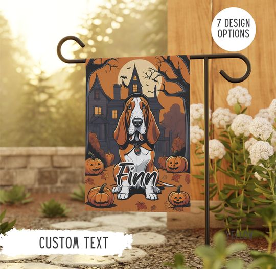 Personalized Name Basset Hound Halloween Garden Flag,Custom Dog Flags,Pet Owner Gift,Puppy Mom Gifts,Dad Present,Dogs,Fall Yard Decor,Autumn