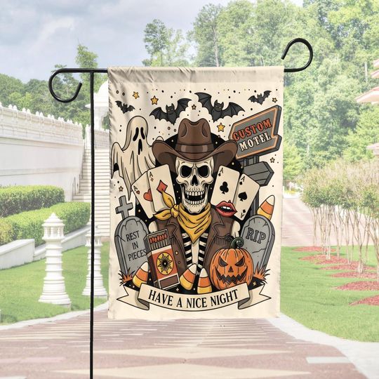 Custom Skeleton Motel Halloween Garden Flag, Spooky Cowboy Skeleton Halloween Yard Flag, Skellie Motel Garden Flag, Western Halloween Decor