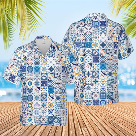 Mediterranean Summer Hawaiian Shirt, Blue And White Azulejo Tiles Button Up Shirt