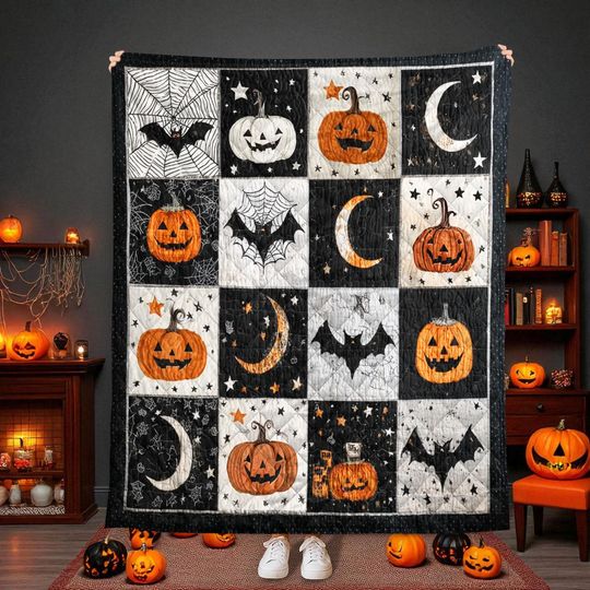 Halloween Quilt Blanket with Pumpkins Bats and Moons, Spooky Black and Orange  for Fall and Haunted House Decor, Halloween Tapestry