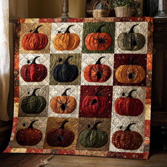 Autumn Pumpkins Quilted Blanket, Fall Quilted Blanket Cozy Fall Decor, Autumn Cottagecore Blanket, Pumpkin Aesthetic, Halloween Blanket