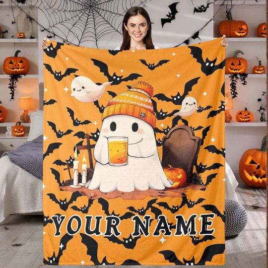Custom Cute Ghost Halloween Blanket, Personalized Name Spooky  Blanket for Women Men, Halloween Boo Gift for Him Her Kids Boys Girls