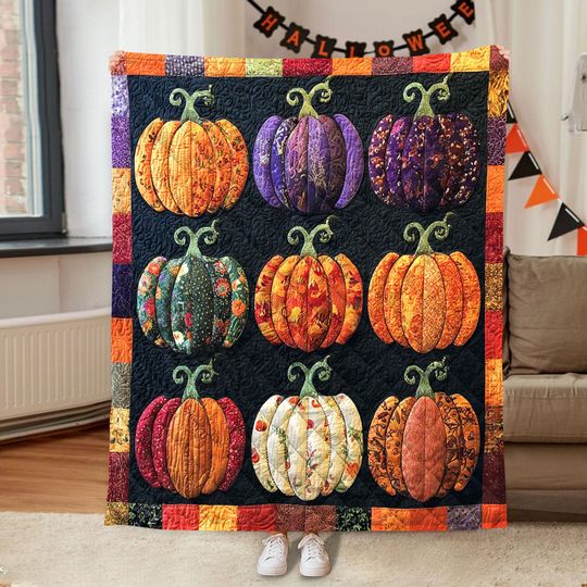 Colorful Pumpkin Quilt Blanket, Halloween Autumn Patchwork  , Cozy Spooky Season Blanket for Sofa Couch Bed, Fall Decor Gift for Her