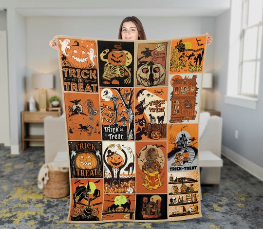 Retro Vintage Spooky Season Halloween  Blanket, Vintage Jack-o'-lantern  Blanket, Halloween watching movie blanket