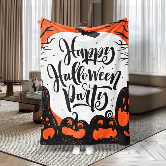 Happy Halloween Party Flannel Blanket, Pumpkin Ghost  , Spooky Holiday Decor, Soft Cozy Blanket, Fall Gift for Friends Family