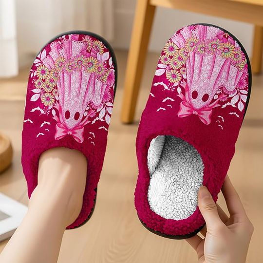 Cute Lace Ghost Breast Cancer Cozy Slipper Spooky Season Party Fluffy Slipper, Trick Or Treat, Horror Halloween, Comfortable House Shoes