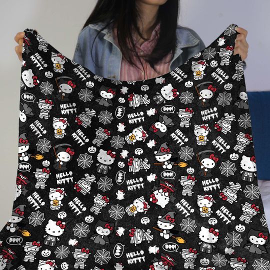 Hello Kitty Fleece Blanket, Soft Cotton  Blanket, Cozy Fall Gift for Kids and Adults, Cute Spooky Home Decor, Halloween Blanket Gifts