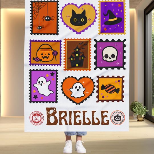 Personalized Halloween Blanket Cute Ghost Cat Pumpkin Witch Skull Candy Blanket Haunted House Postage Stamp Blanket Custom Name Cozy