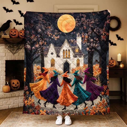 Halloween Witch Quilt Blanket, Colorful Witches Dancing Under Full Moon, Autumn Haunted House  , Spooky Fall Home Decor, Halloween Gift