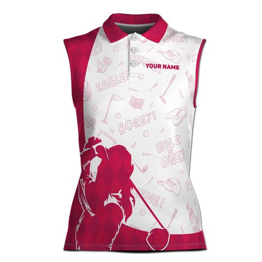 Customize Name Par then bar Flamingo Pink Argyle Lady Plays Golf 3D Women Sleeveless Polo