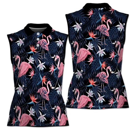 Seamless Tropical Flamingo Golf 3D Women Sleeveless Polo