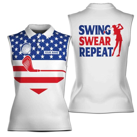 Golf Women American Flag Swing Swear Repeat Custom Name 3D Women Sleeveless Polo