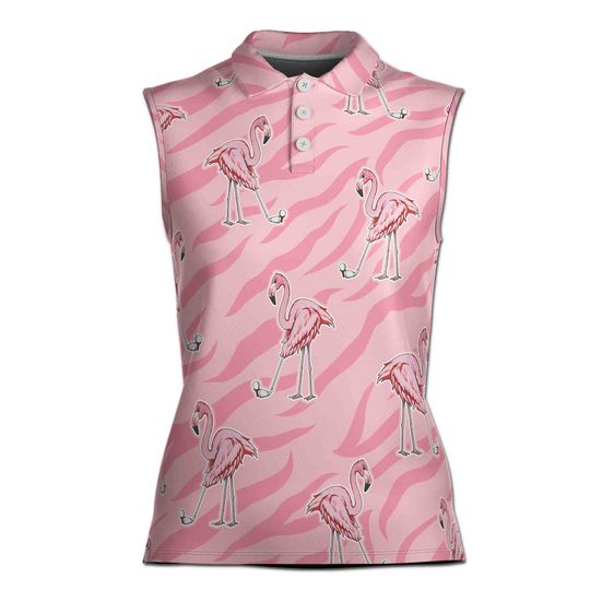 Flamingo Golfing Pink Zebra Pattern Golf Lover 3D Women Sleeveless Polo
