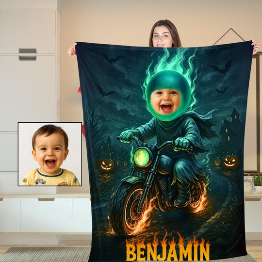 Personalized Ghost Rider Halloween Blanket,Custom Biker With Your Child's Face & Name,Halloween Gift for Kids,Spooky Gift,Horror Lovers Gift