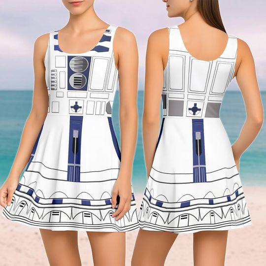 R2D2 Star Wars Skater Dress, Star Wars Women Dress, Blue Robot Costume Dress