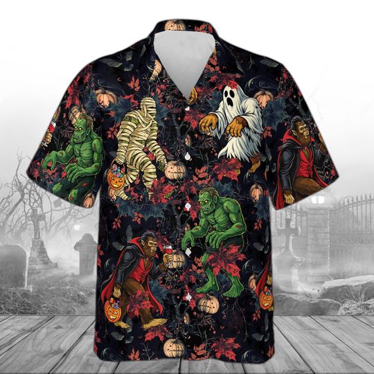 Bigfoot Halloween Hawaiian Shirt, Spooky Monster & Pumpkin Aloha Shirt for Spooky Season, Costume Party and Haunted Season Outfit