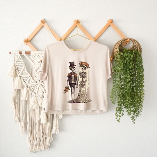 Women's Skeleton Bride & Groom Crop Top, Skeleton Wedding, Halloween and Fall Witches Girl Top