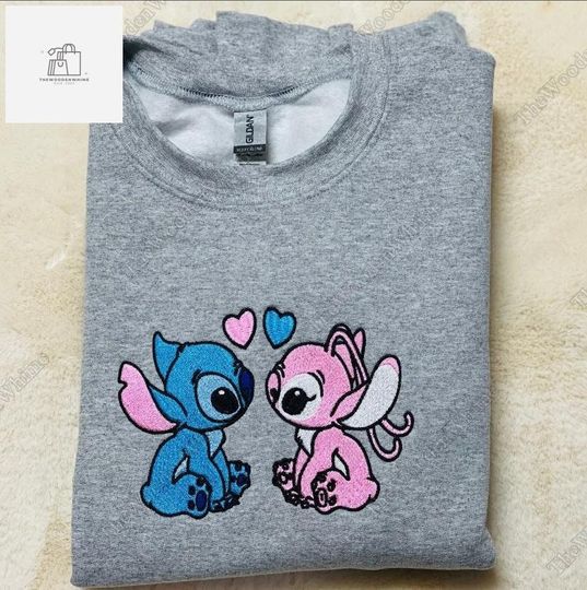 Stitch And Angel Embroidered Couple Sweatshirt, Stitch And Angel Couple Sweatshirt