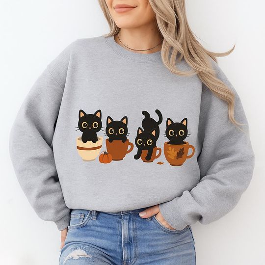 Halloween Cat Sweatshirt with Pumpkin, Fall Cozy Sweater for Coffee Lovers